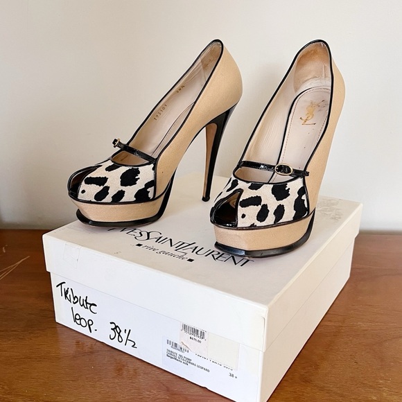 YSL • Tribute 105 Pump canvas leopard Mary Jane heels patent leather platform - Picture 1 of 16
